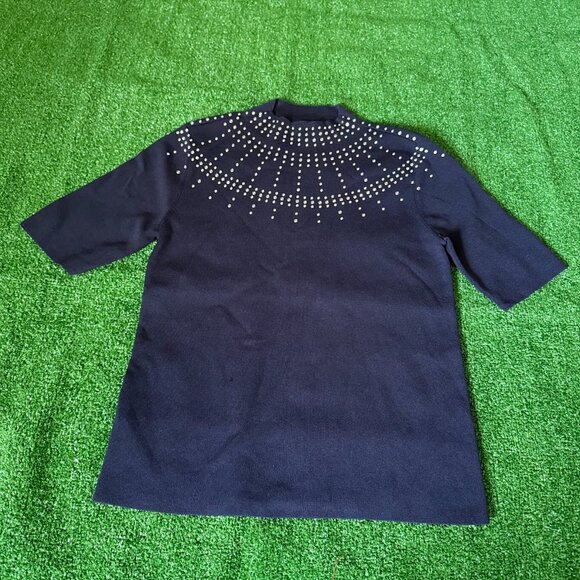 Ann Taylor Rhinestone Embellished Mock Neck Sweater T-Shirt Size M Navy Blue Sky - Picture 2 of 13